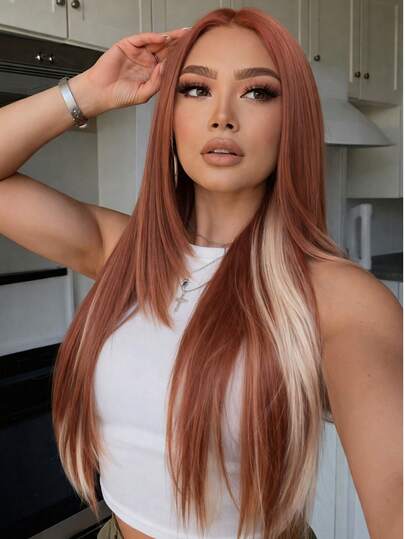 Cooper Blond Wear And Go Glueless Wigs Pre Layer Wig For Woman AUburn Synthetic Wigs Long Layered Straight 26 Inch Ginger Highlights 3 Seconds To Wear For First's