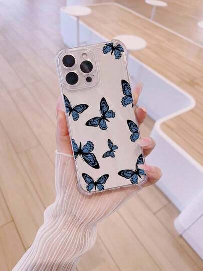 1pc Thick Transparent Anti-Drop UV Painted Phone Case With Simple Cute Blue Butterfly Pattern Design Compatible With Iphone 17/17 Air/17 Pro/17 Pro Max, 16/16 Plus/16 Pro/16 Pro Max, 15/15 Plus/15 Pro/15 Pro Max, 14/14 Plus/14 Pro/14 Pro Max, 13/13 Pro/13 Pro Max, 12/12 Pro/12 Pro Max, 11/11 Pro Max, X/XS/XR/XS Max Series, Provides Lens Protection And Can Be Used As A Protective Cover, Suitable As A New Year, Christmas, Halloween Or Valentine's Day Gift
