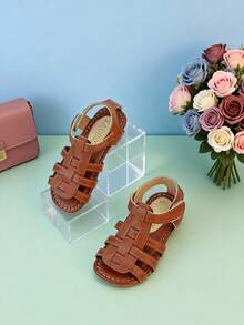 1 Pair Children's Woven Hollow Artificial Leather Soft Non-Slip Open Toe Low-Top Adjustable Ankle Strap Flat Casual Roman Sandals, Suitable For School And Weekend Play - Brown - View 2