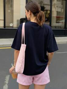 Hawaii Hibiscus Letter Graphic Print Round Neck Drop Shoulder Oversized Short Sleeve Tee, Summer Casual Daily Loose Fit T-Shirt - Màu xanh hải quân - Xem 2