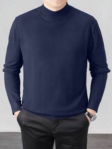 Men's Half-Turtleneck Knit Sweater, Handwash, Solid Color, Knitted Clothing, Casual Basic Pullover Top For Spring & Autumn - Navy Blue - View 3