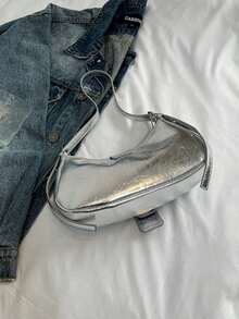 1 pieza Bolso de hombro/axila de mujer de gran capacidad, de cuero sintético suave con efecto ombré, decorado con remaches, estilo vintage motero punk, con correa ajustable, adecuado para trabajo, viajes, citas, fiestas - Plateado - Ver 9