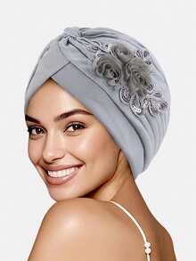 1pc Women's Sequin 3D Flower Printed Style Turban Hat, Suitable For Daily Use Hair Sleep Cap - Multicolor - View 21