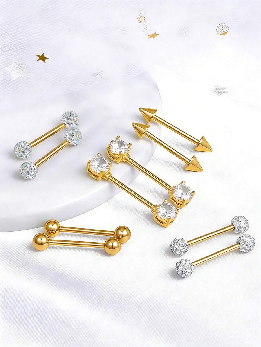 10件套极简主义杠铃、水晶球、锥形不锈钢舌环和乳环，适合女性日常佩戴的身体饰品 - 10件組合 - 查看 1