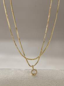 2pcs Copper Necklace With Micro-Inlaid Cubic Zirconia, Layered Pendant Necklace, Suitable For Beach And Vacation Accessories - Yellow Gold - View 6