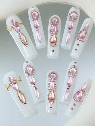 CrystalHola Valentine's Day : 10 Handmade Press-On Nail Stickers, Square Long Nails, White Nail Surface With Pink Rhinestones, Full Coverage, Removable And Reusable, Long-Lasting , Unique Summer Nail Art, A Must-Have Fashion Accessory For Parties And Weddings. Nail Supplies