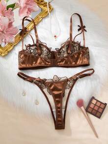 EverydayBra 1 Set Of 2 Pieces Women's Brown Embroidered Floral Everyday Underwear Set, Including A Semi-Transparent Bow Chest Bra And Thong - Brown - View 2