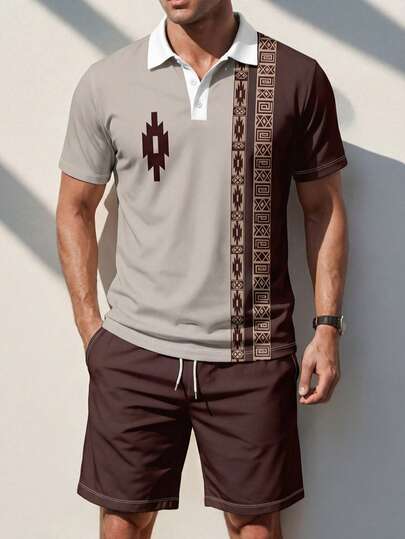 Men's Geometric Print Short Sleeve Polo Shirt And Drawstring Waist Shorts Casual Suit