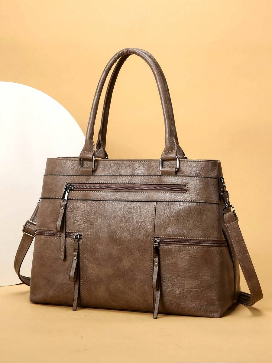 1 件女士纯色复古手提包，大容量托特包，带多个拉链口袋，防水 PU 双提手便携式户外休闲商务多功能单肩包，缝线防盗斜挎包