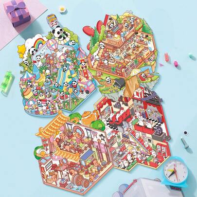 3D Cottage Miniature Scene Stickers, Amusement Park/Cinema/Market Theme, 2 PET Sheets + 1 Scene Cardstock For DIY Journal Diorama