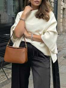 Women's Asymmetric Poncho Style Sweater, Round Neck Batwing Sleeve Knit Top - Beige - View 6
