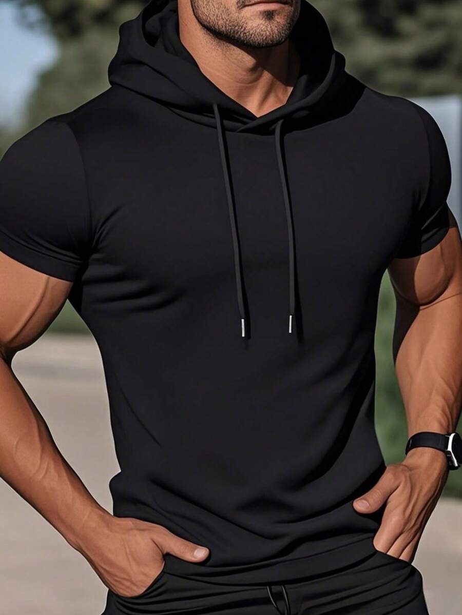 Men's Lightweight Short Sleeve Hooded Sweatshirt, Summer - Black - View 1