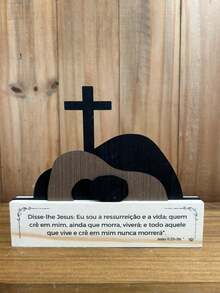 Placa Ressurreição de Jesus Enfeite Jesus Cruz Decoração de Páscoa Ressurreição Placa Religiosa - Preto - Visão 2