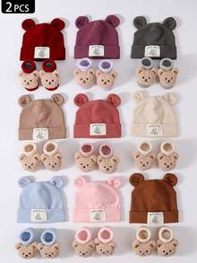 2 peças/Conjunto Chapéu Macio com Orelhas de Coelho + Meias de Urso de Pelúcia para Bebês de 0-12 Meses, Gorro Elástico para Bebês Recém-Nascidos, Conjunto Fofo para Uso Casual Diário Interno/Externo, Sessão de Fotos - 2 unidades - Visão 1