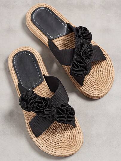 Women Fashion Flat Sandals Black Appliques Flower Decoration Slides Fashion Sandalls For Women Casual Summer Beach Shoes Handmade Slippers