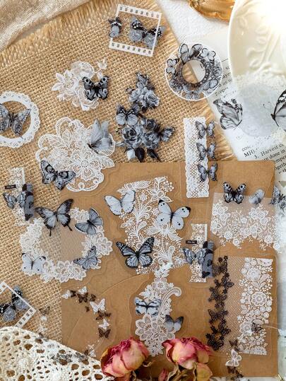 MOCARD 30pcs/Pack Vintage Lace Collage Stickers, Creative Aesthetic Decorative Stickers For Scrapbooking, DIY Crafts, Gifts, Personalized Journals, School Supplies