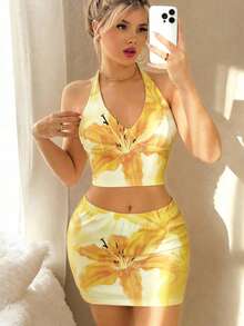 黄色格子复古印花吊带背心套装，Y2K性感夏季沙滩度假露脐上衣和迷你裙两件套 - 彩色 - 查看 1