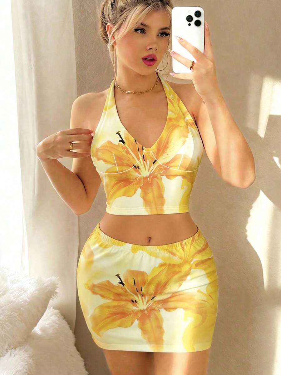 黄色格子复古印花吊带背心套装，Y2K性感夏季沙滩度假露脐上衣和迷你裙两件套 - 彩色 - 查看 1