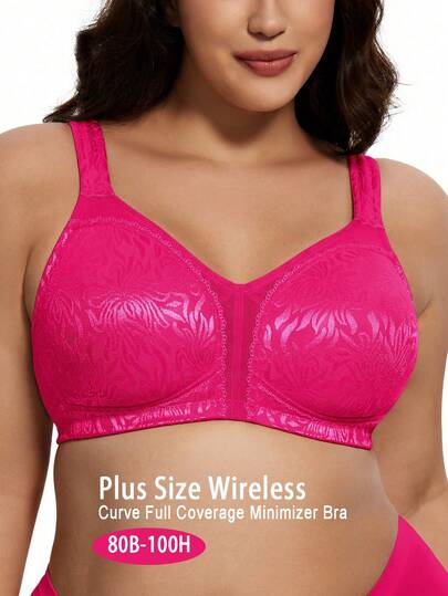 Wingslove Ramadan Hot Pink Plus Size Wireless Bra, Full Coverage Wide Straps, Floral Jacquard Fabric, Ultra Soft Comfort Daily Wear For Curvy Women