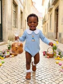 Newborn Baby Girl Boy Easter Outfit Bunny  Bubble Romper Cute Rabbit Embroidery Doll Collar Long Sleeve Bodysuit Spring Fall Winter Clothes - Màu xanh lam - Xem 5