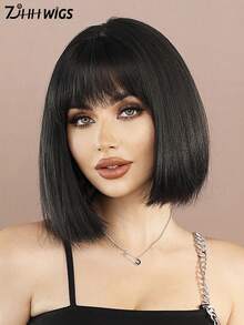 7JHH WIGS Yaki Straight Bob Wig For Women 12 Inch Modest Fashion Black Short Wig With Bangs, Premium Fluffy Synthetic Fiber Full Machine Hair Wig For Daily Wear, Festival Ready & Party ,Cosplay Costume Wigs Accessory - Girl's Gift - Natural Black - View 5