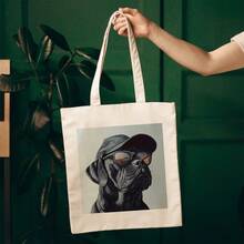 1pc Tote Bag, Hyper Realistic Cool Brutal Black Dog With Cap And Glasses, Perfect For Daily Use, 13. 4*15. 7inch/34*40cm, Urban Lifestyle, Shopping Tote, Hiphop Style, Edgy Fashion, Lightweight Bag, Novelty Bag, Statement Bag, Fashion Enthusiasts, Trendsetters - màu trắng = 13,38 x 15,35 inch (34 x 39 cm) - Xem 2
