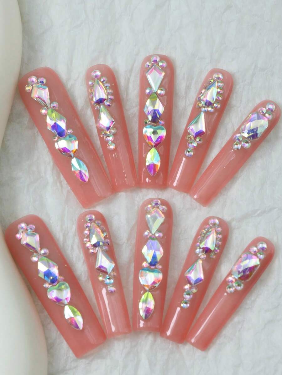 CrystalHola Valentine's Day : 10 Handmade Press-On Nail Stickers, Square Long Nails, Pink Nail Surface With Sparkling Rhinestones, Full Coverage, Removable And Reusable, Long-Lasting , Unique Summer Nail Art, A Must-Have Fashion Accessory For Parties And Weddings. Nail Supplies - Multicolor - View 1
