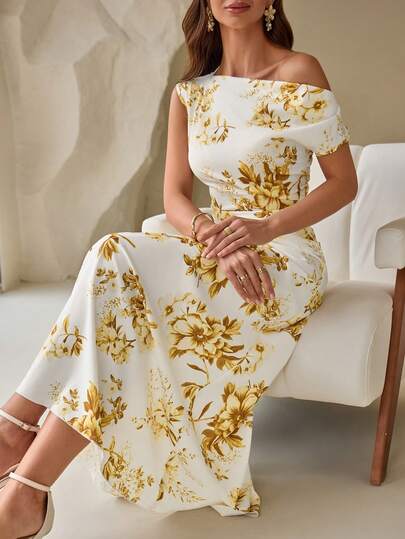 Women's Floral Print One Shoulder A-Line Maxi Dress – Ideal For Daily Commute, Summer Vacation, Resort Wear, Date Night & Cocktail Party Looks