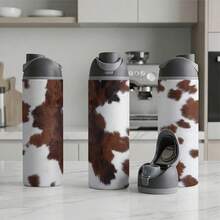 [Local Warehouse] 1 Pc 24oz Insulated Stainless Steel Water Bottle, Realistic Brown And White Cowhide Print, Western Rustic Style Animal Skin Pattern For Ranchers And Farmers, Aesthetic Cowboy Gear For Valentines Day Gifts. - 1PC - View 11