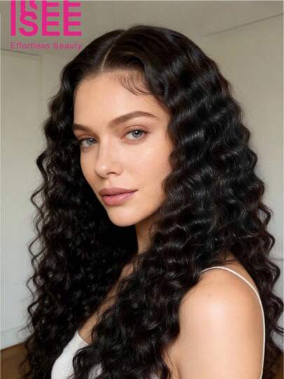 ISEE 真人发假发，无需任何处理，升级版深波浪卷发，未经加工，自然发际线，无胶7*5透明蕾丝假发，预拔毛发际线和预剪蕾丝，16-30英寸，180%密度，预漂白迷你结蕾丝，丝滑自然发际线，适合初学者日常佩戴。