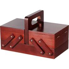 Cesta de costura de madera con asa, caja de costura extensible sin contenido, caja de manualidades multifuncional para viajes en casa y emergencia (rojo vino) - Color de quemado de luz - Ver 1