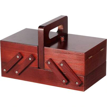 Cesta de costura de madera con asa, caja de costura extensible sin contenido, caja de manualidades multifuncional para viajes en casa y emergencia (rojo vino)