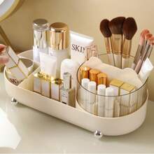 360-Degree Rotating Makeup Brush Holder, Office Pen Cup, Cosmetic Organizer, Rotating Storage Container, Desktop Storage Box, Large-Capacity Organizer With Premium Texture, Rotating Desktop Storage Holder - Transparent Cream-colored Rotating Storage Box - View 4