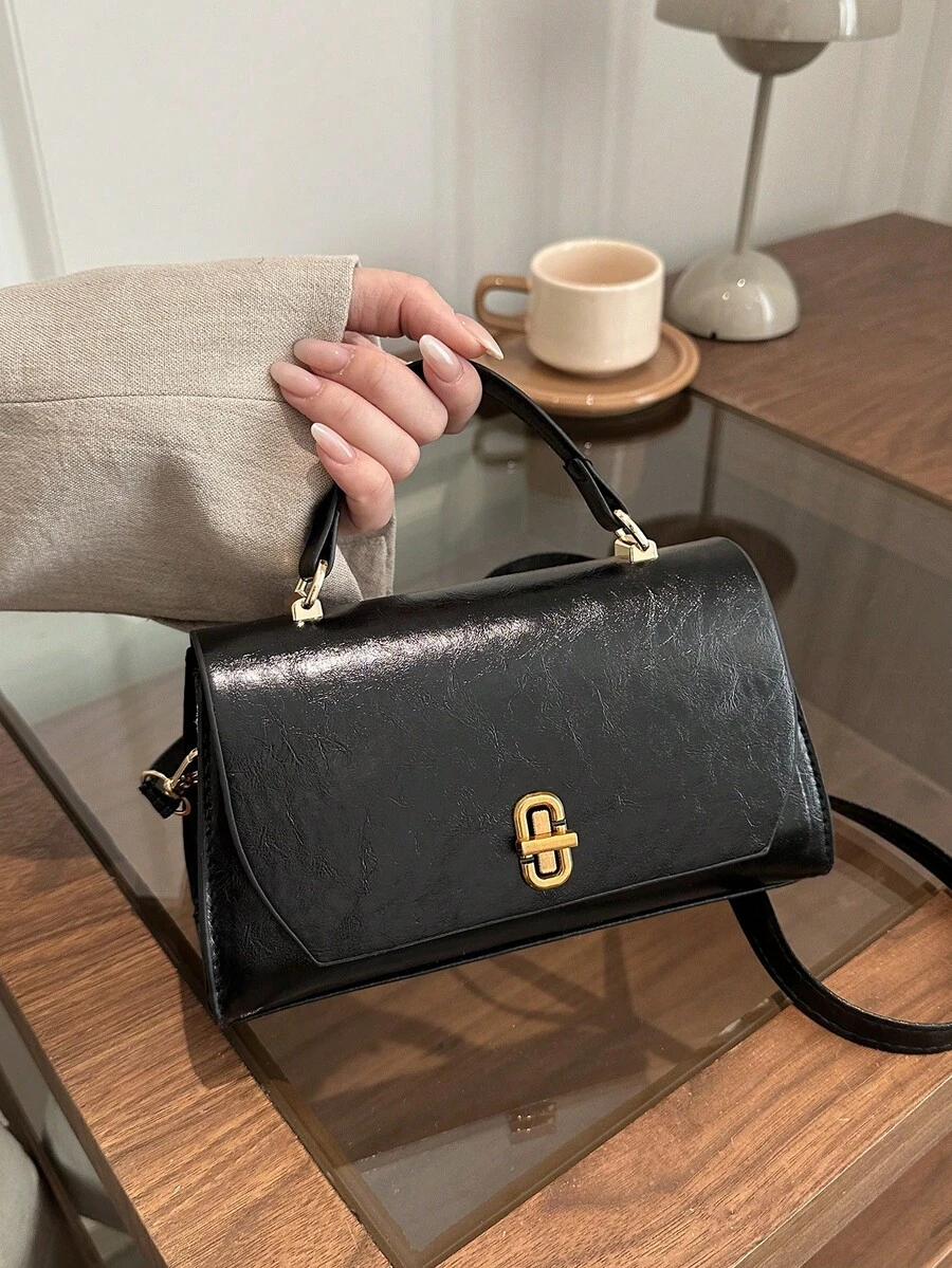 Fashion One Shoulder Crossbody Handbag With Small Square Shape And Metal Accessories - Black - View 1