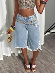 Pantalones capri de mezclilla con dobladillo asimétrico desgastado de moda para mujeres - Lavado ligero - Ver 5