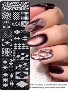 1pc Lattice Chessboard Rhombus Lattice Nail Art Stamping Plate, Y2K Style Printing Template DIY Nail Art Accessory Tools Nail Salon Nail Supply - Silver - View 4