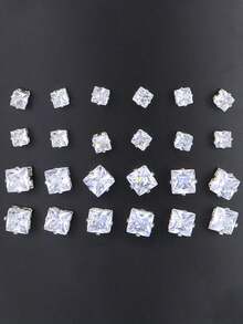 24 pièces Ensemble de boucles d'oreilles à la mode minimaliste avec zirconium cubique et rond brillant, idéal pour les fêtes, les rendez-vous, les cadeaux, et un port polyvalent au quotidien - Argent - Voir 2