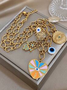 مجموعة قلادة وسوار قابلة للتعديل بتميمة قلب محظوظ بوهيمي للنساء، مطلي بالذهب عيار 18 قيراط من الفولاذ المقاوم للصدأ مع خرز أكريليك وتعاويذ عين الشر والخف، مناسبة لعيد الحب، الحفلات، الحفلات الراقية، الاستخدام اليومي، المواعدة، مهرجانات الموسيقى، العطلات، أعياد الميلاد، هدية رمزية أنيقة - متعدد الألوان - مشاهدة 5