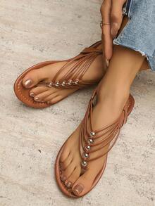 Lace-Up Flat Sandals, Beach Wear For Summer - Brown - View 5
