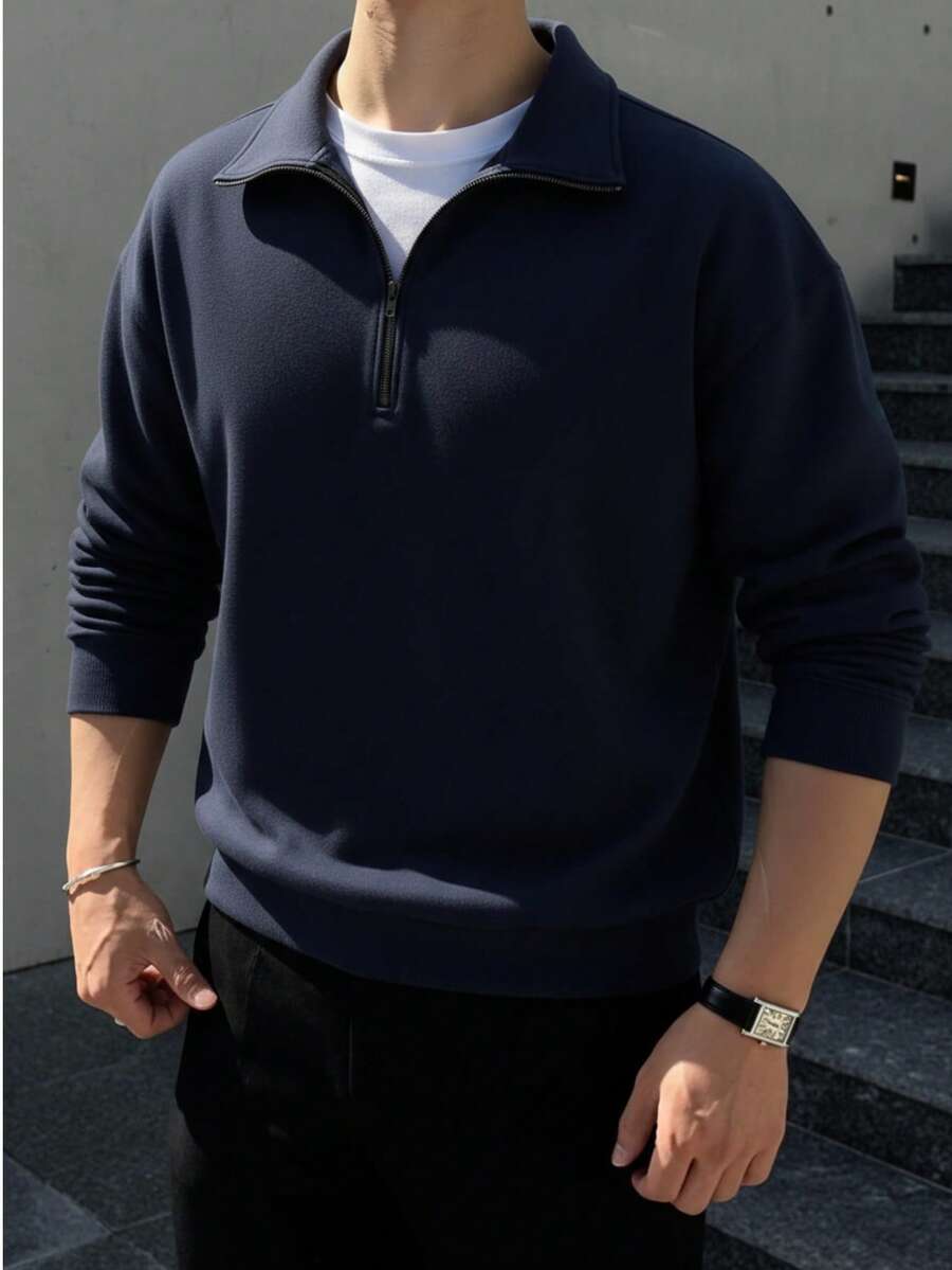 1件男士宽松半拉链领轻薄纯色卫衣 - 藏蓝色 - 查看 1