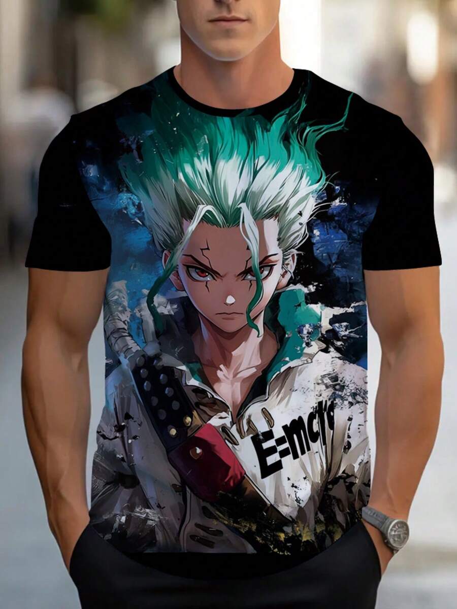 Men's 3D Printed Anime T-Shirt With Green Hair Character Full-Body Graphic - Lightweight Short Sleeve Summer Casual Shirt, Black Base With Color Print, Durable For Gym & Outfits (Machine Washable) - 黑色 - 查看 1