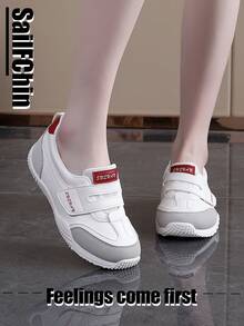 Hook-and-Loop leicht an-/ausziehbare Farbblock Sneaker | Farbblock Riemchen Schuhe mit roter Ferse | Rutschfeste, bequeme Schul- und Alltagsschuhe für Frauen mit Hook-and-Loop Verschluss | Farbblock Riemchen Schuhe mit roter Akzentfarbe | Rutschfeste, bequeme Alltagsschuhe zum Spazierengehen - Weiss - Übersicht 4