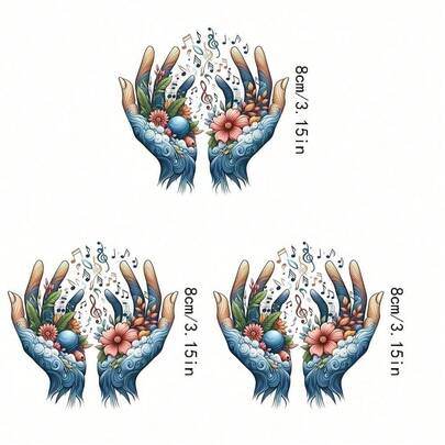 1/2/3张“手部幻想音乐与自然”热转印贴纸，适用于T恤、枕头等DIY装饰。多种颜色可选，耐用且可水洗的塑料DIY贴纸，适用于背包、靠垫、裤子、沙发套等，高品质T恤印花，可水洗且不易褪色。