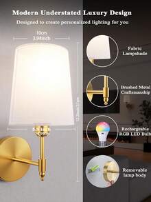 2pcs/1pc Battery Powered Wall Lamp, No Wiring Needed, Rechargeable Dimmable Wall Light With RGB Bulb And Remote Control, Brushed Gold Body With White Minimalist Fabric Shade. Suitable For Modern, Classic And Other Indoor Styles To Enhance The Overall Appearance Of Living Room, Bedroom, Hallway, Foyer, Etc. (Gold) - Wall Lamp - View 6