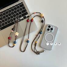 复古星形蜡绳手机挂绳，简约风格防丢防盗免提挂绳，可调节斜挎链，兼容，女款/女士 - 復古星星-長繩 - 查看 2
