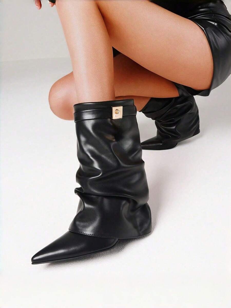 Luxury Women's Padlock Ankle Boots Fold Over Wedge Heel Booties Wide-Calf Short Shoes Fashion Shark Autumn Winter Fall Boots - 黑色 - 查看 1
