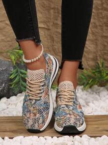 女士春季印花休闲运动鞋，厚底系带，防滑透气网面 - 彩色 - 查看 4