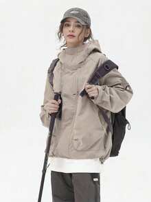 Dam vindtät jacka, vattentät lätt och lös friluftsjacka, långärmad huva, vårkläder - Kaki - Visa 1