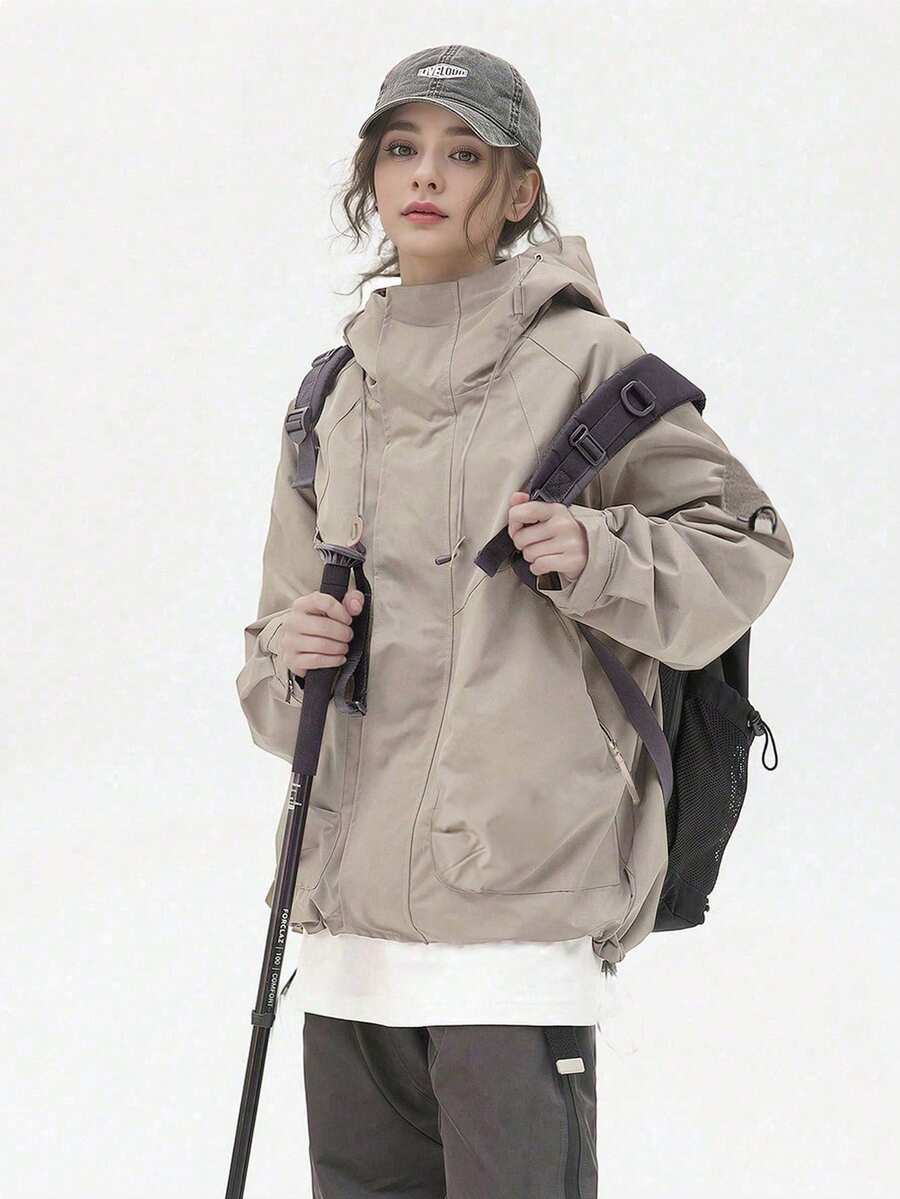 Dam vindtät jacka, vattentät lätt och lös friluftsjacka, långärmad huva, vårkläder - Kaki - Visa 1