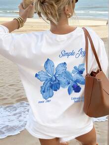 This Colorful Floral & Letter Print Round Neck T-Shirt For Women Is Fashionable And Versatile For Summer. The Graphic Tee Comes In White And Pink, Suitable For Vacation Wear. Casual - White - View 8